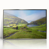 Large acrylic print of a Danish landscape in muted earth tones, framed in silver, suitable for modern art wall decor.