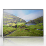 Mid-century modernist art depicting a serene European landscape in muted earth tones on a framed acrylic print.