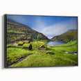 Black and white framed canvas depicting a vintage European landscape, ideal for bedroom wall decor.