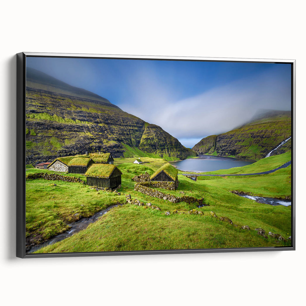 Black and white framed canvas depicting a vintage European landscape, ideal for bedroom wall decor.