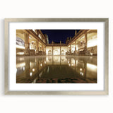 Extra large abstract art print of a European scenery in muted earth tones, framed with a silver mat.