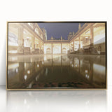Art Deco poster of Bath, England, in muted gold and cream tones on framed acrylic, suitable for modern art wall decor.