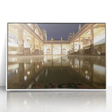 Mid-century modernist art depicting the Bath, England skyline in muted blue and white tones on a framed acrylic print.