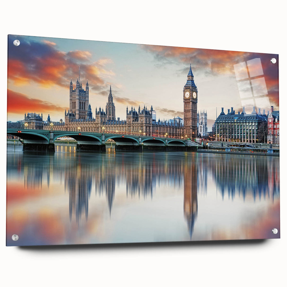 Acrylic print of Big Ben with a clear blue sky, ideal for dining room decor.