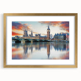 Abstract art print of Big Ben with muted gold and black tones on a framed mat, ideal for dining room decor.