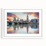 Textured art print of Big Ben in abstract style with muted earth tones, framed in white, ideal for bedroom art.