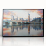 Large abstract wall art of Big Ben in muted gray and blue tones on a framed acrylic, suitable for modern living room decor.