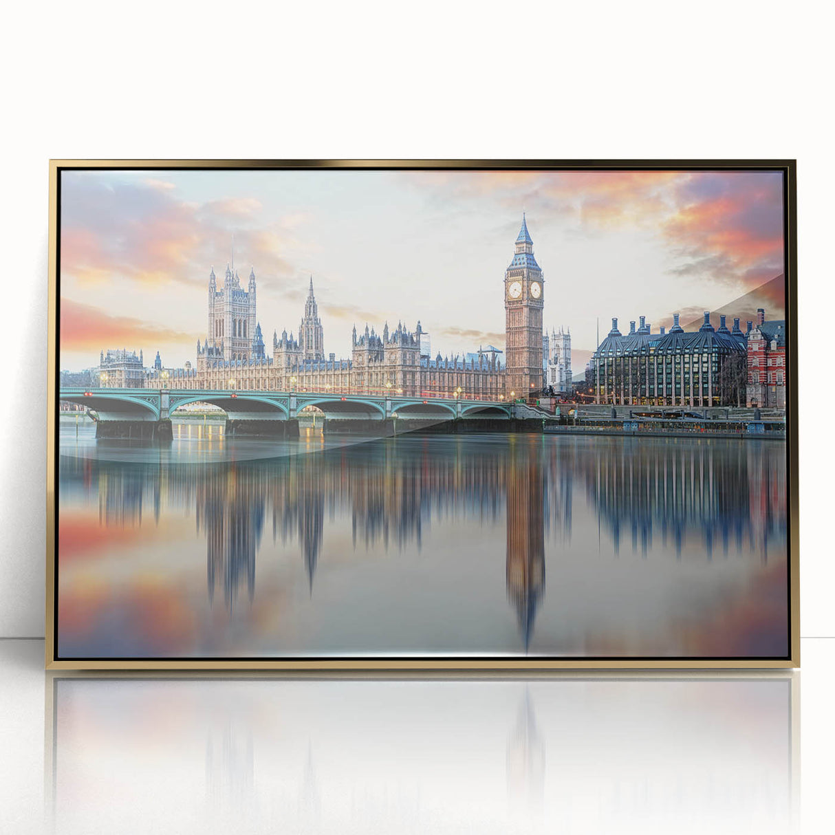 Acrylic print of Big Ben with gold accents in art deco style, suited for modern art wall decor.