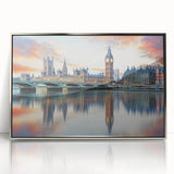 Large art print of Big Ben with muted gray and blue tones on a silver-framed acrylic, suitable for modern art wall decor.