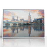 Acrylic print of Big Ben against a muted gray sky, framed in white, embodying mid-century modernist style.