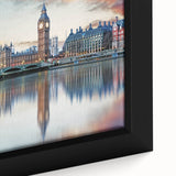 Close-up of extra large black wall art featuring Big Ben in textured, colorful art style on framed canvas.
