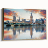 Framed canvas depicting Big Ben with a gold vintage poster art style, ideal for bedroom wall art.