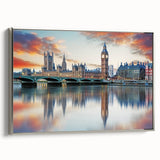 Framed canvas of Big Ben and London landscape in muted black and colorful tones, ideal for office or study decor.