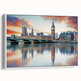 Vintage poster art of Big Ben on a framed canvas, featuring black and colorful art.