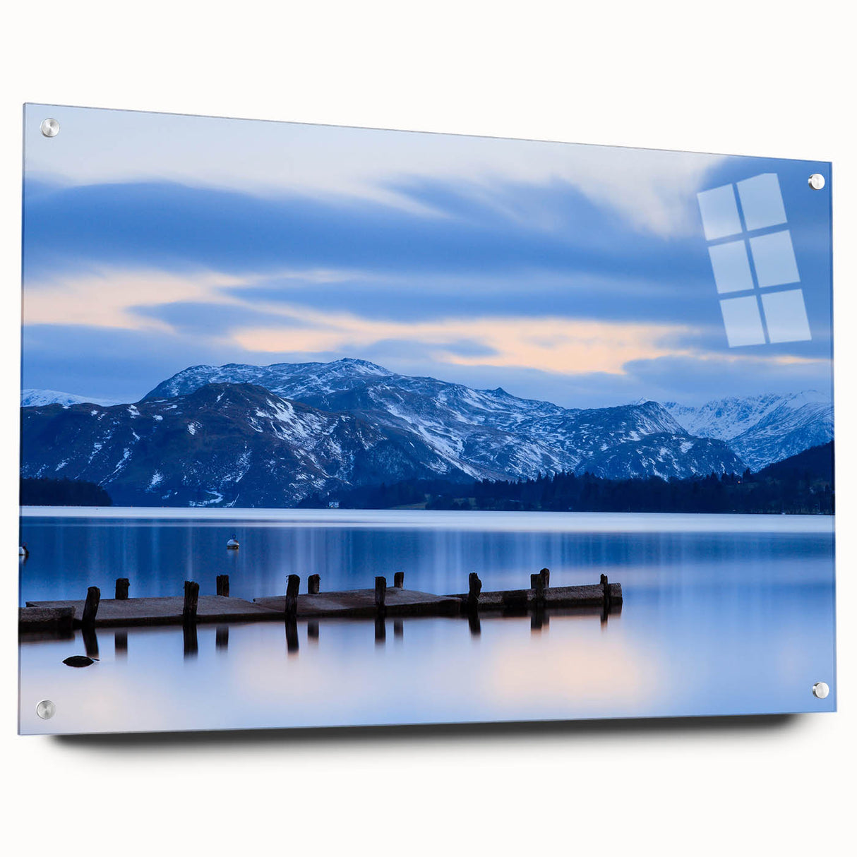 Acrylic print of a Cumbria, England landscape with muted green and blue tones, ideal for dining room decor.