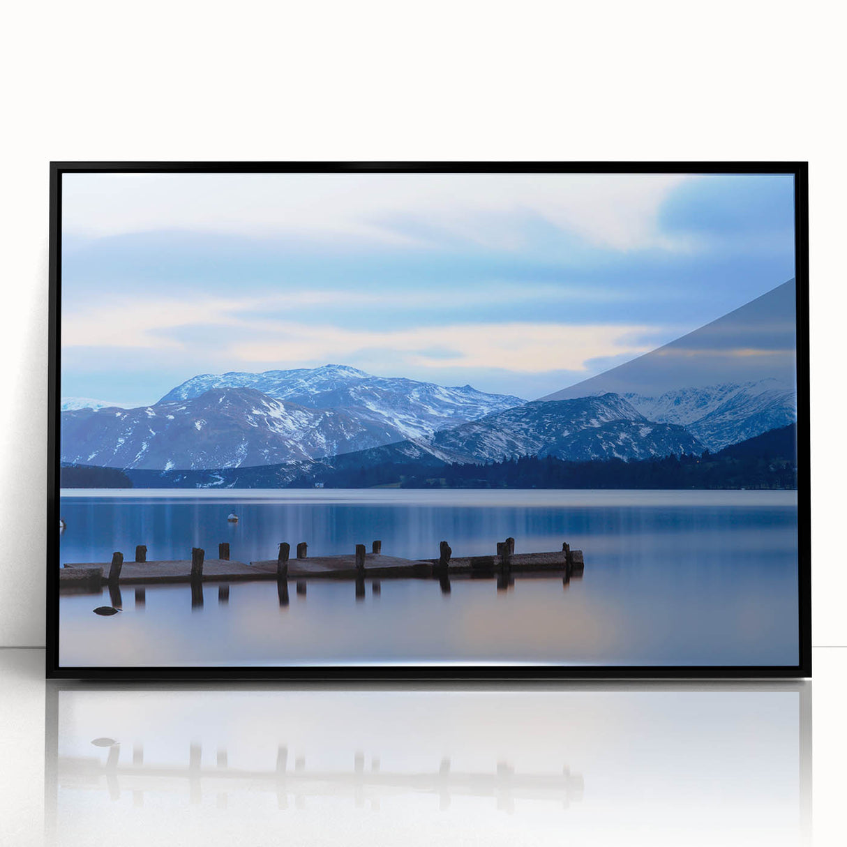 Large abstract wall art depicting a serene Cumbrian landscape in muted earth tones, framed in black acrylic.