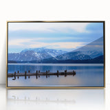 Art deco poster of Cumbria landscape in gold frame, acrylic print, ideal for modern art wall decor in a nursery.