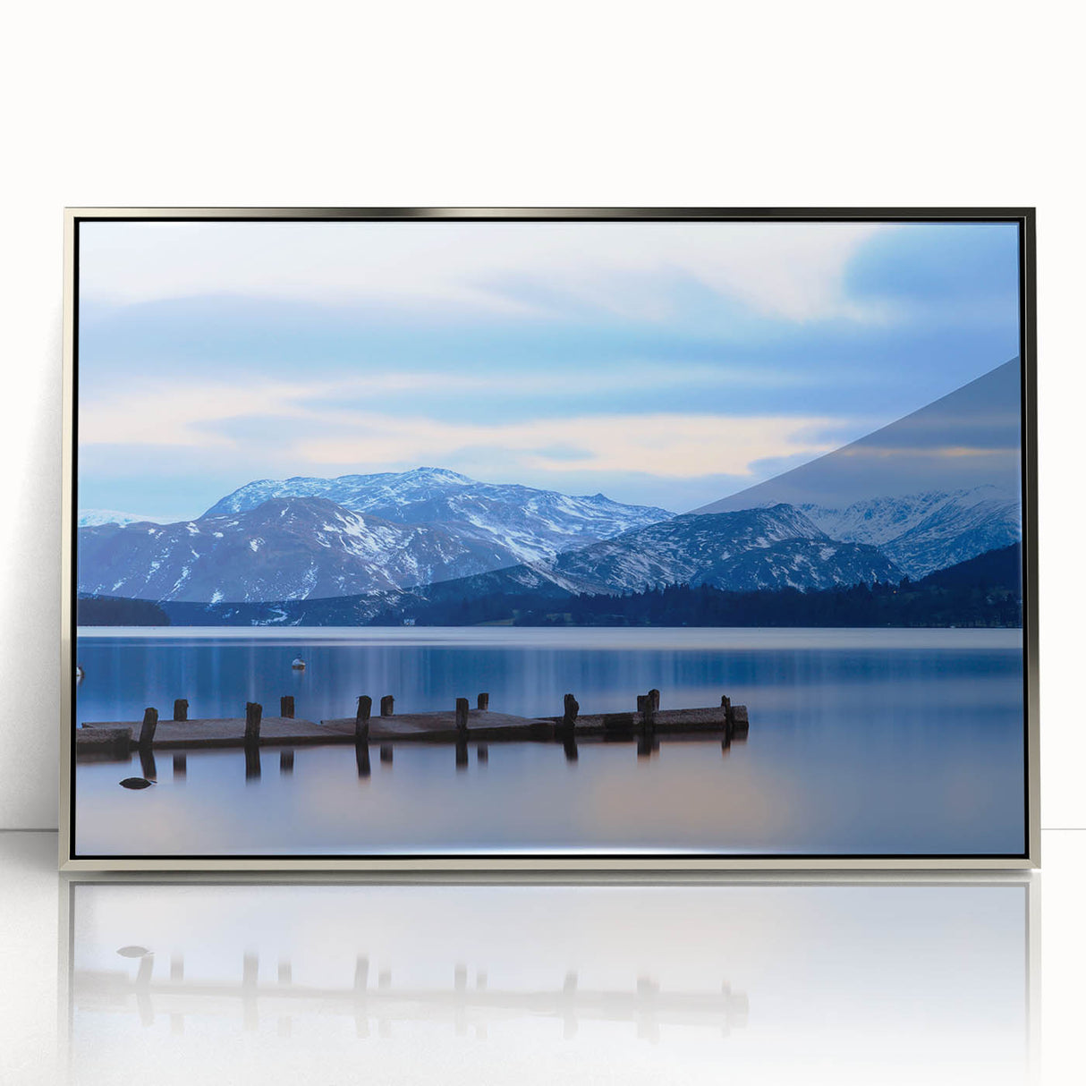 Large art print of Cumbria, England landscape in muted green and blue tones on a silver-framed acrylic.