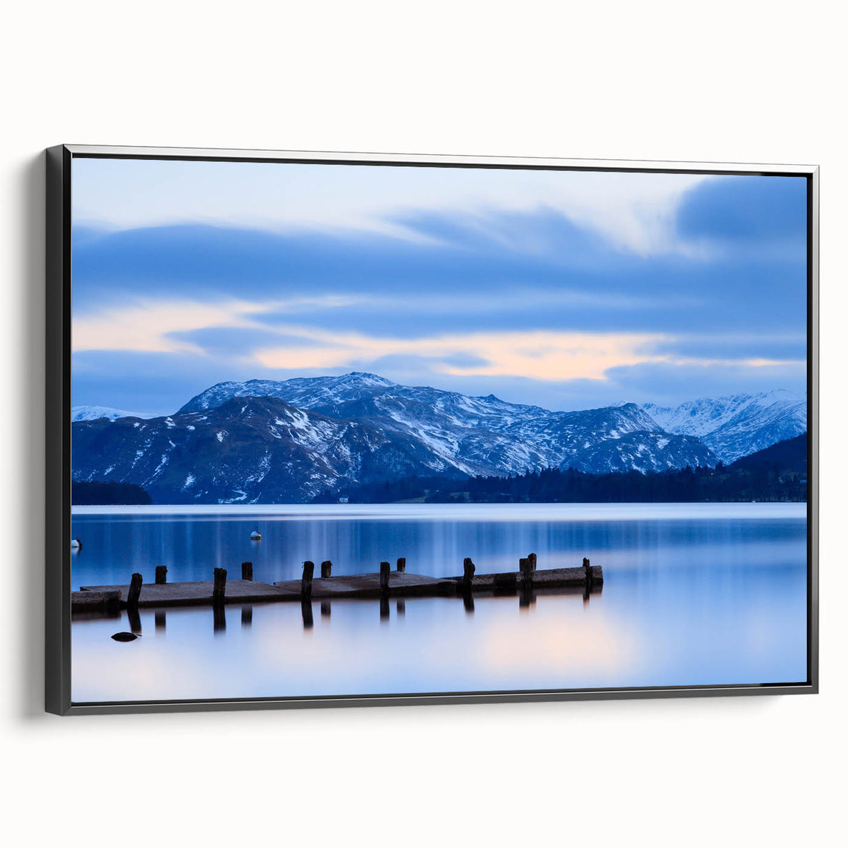 Black and white framed canvas featuring a vintage-style landscape of Cumbria, England, ideal for bedroom decor.