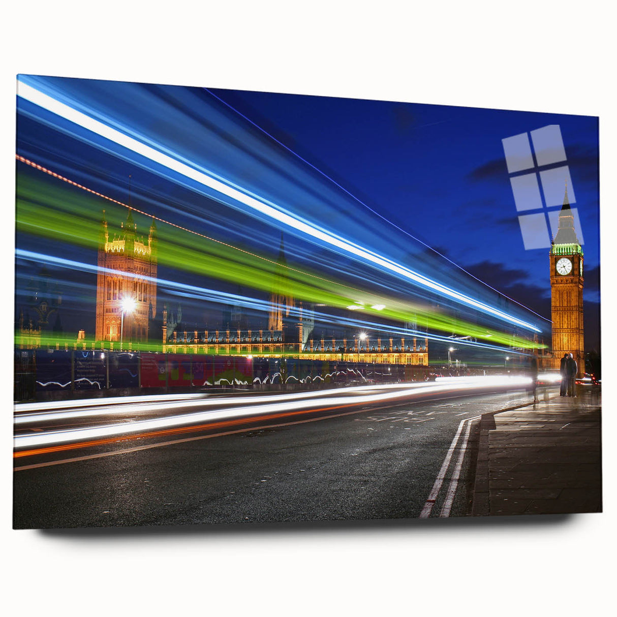 Large abstract depiction of the London skyline in muted gray and blue tones on acrylic glass.