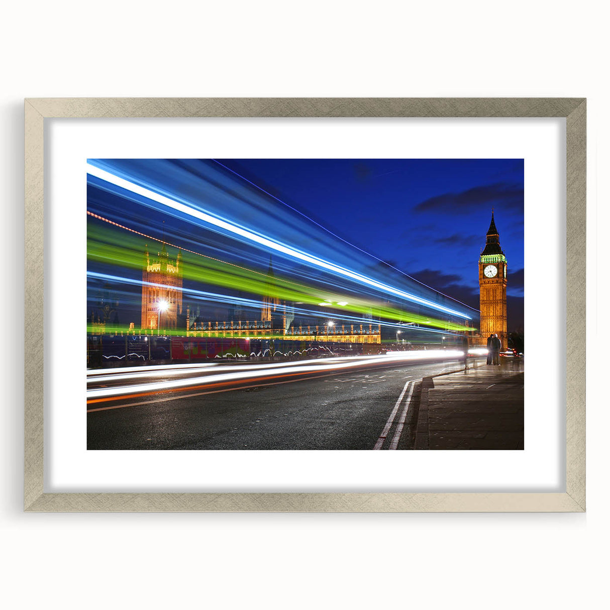 Extra large abstract art print of London scenery in muted gray and blue tones, framed with a silver mat.