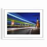 Textured art print of an abstract London skyline in muted gray and blue tones on a framed white mat.