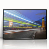 Large abstract wall art depicting the London skyline in muted gray and blue tones on a framed acrylic panel.