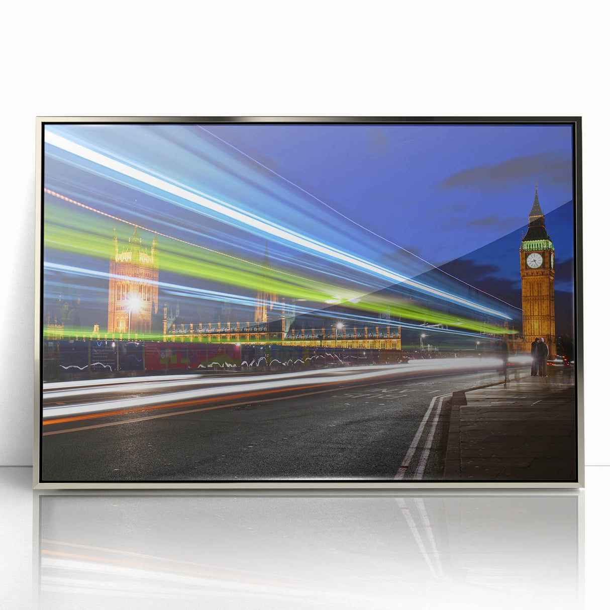 Large art print of the London skyline in muted blue and gray tones on a silver-framed acrylic.
