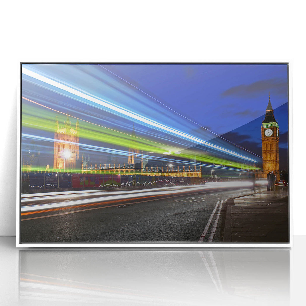 Mid-century modernist art depicting London scenery in muted tones on a framed acrylic, ideal for nursery wall art.