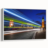 Vintage poster art of London scenery in vibrant colors on a large framed canvas, ideal for living room decor.