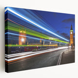 Large art of London skyline in muted blue and gray tones on stretched canvas, suitable for kitchen wall art.