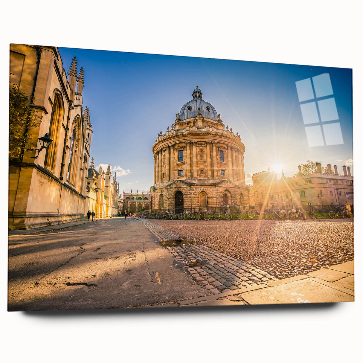 Acrylic print of Oxford scenery with soft hues of blue and gray, suitable for bedroom or dining room art.