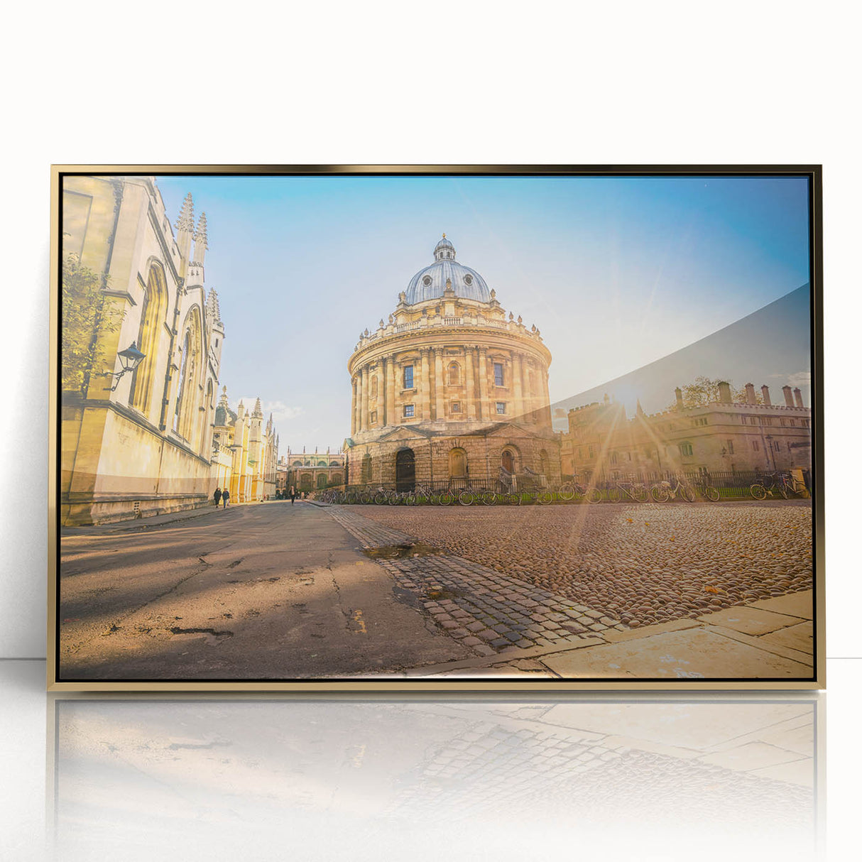 Art deco poster of Oxford landscape in acrylic with gold frame, featuring muted earth tones, ideal for modern art wall decor.