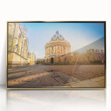 Art deco poster of Oxford landscape in acrylic with gold frame, featuring muted earth tones, ideal for modern art wall decor.