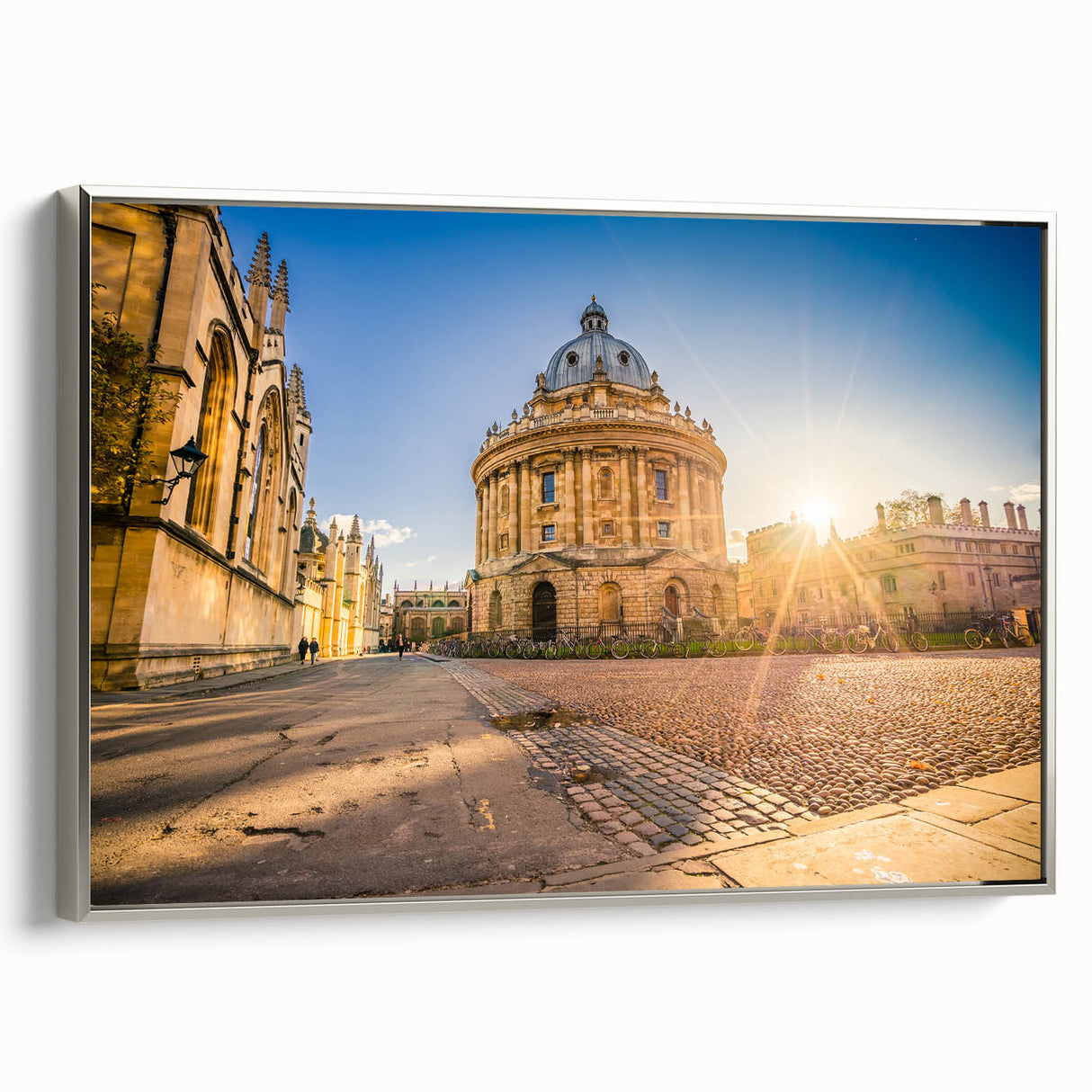 Landscape art painting of Oxford, featuring colorful vintage poster art on a framed canvas, ideal for living room decor.