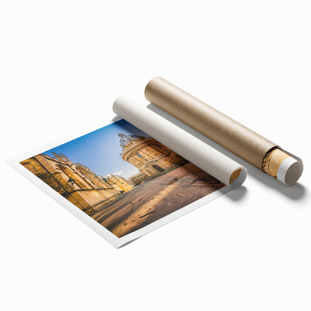 Extra large rolled print of Oxford scenery with lush floral elements in soft hues, ideal for classy bathroom wall art.