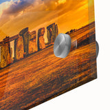 Mid-century modernist depiction of Stonehenge in muted earth tones on acrylic glass, ideal for dining room art.