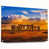Acrylic print of Stonehenge with a side view, in muted earth tones, suitable for bedroom or dining room decor.