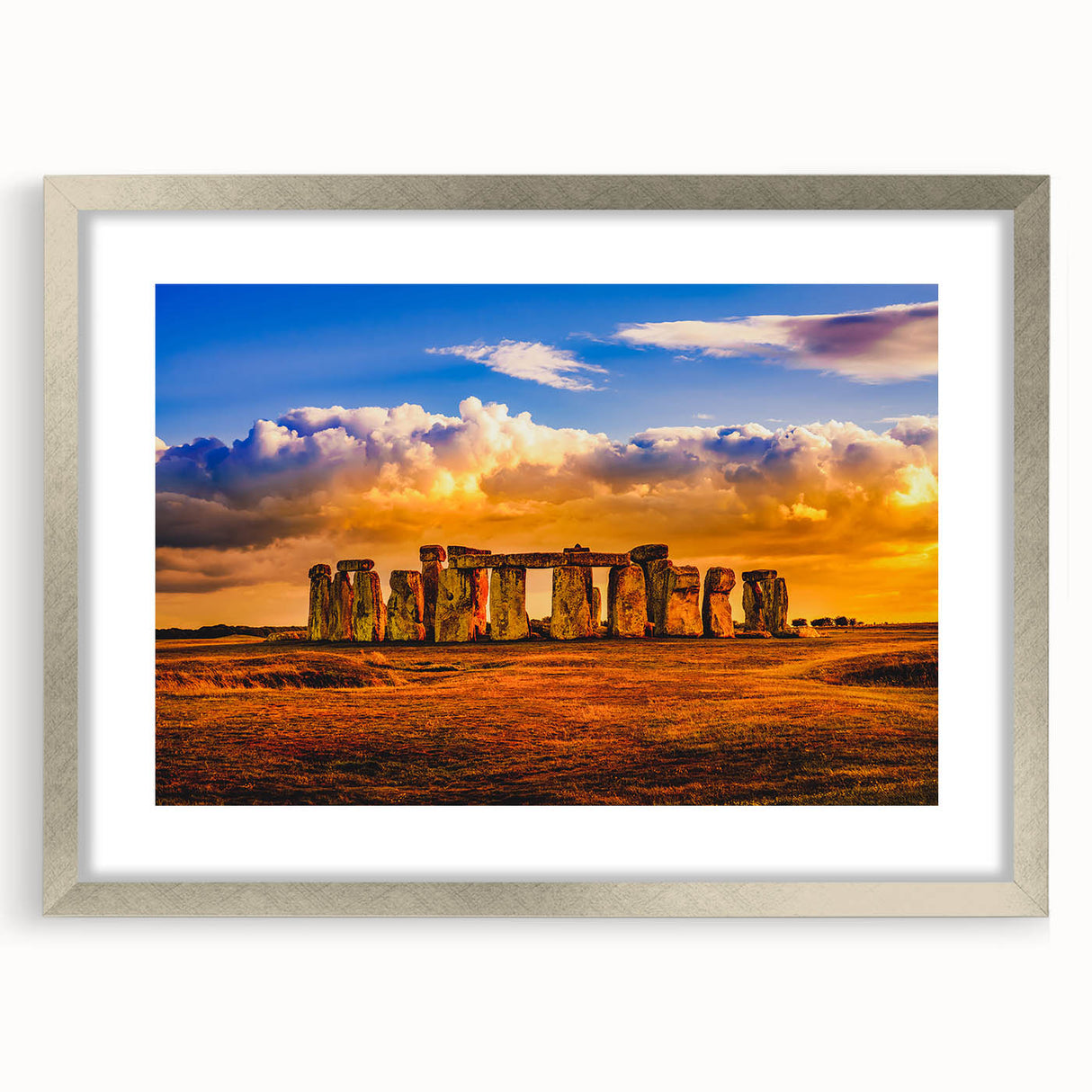 Extra large framed wall art of Stonehenge in muted gray tones, ideal for living room decor.