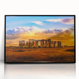 Large abstract wall art of Stonehenge in muted earth tones, framed in black acrylic, suitable for modern art wall decor.