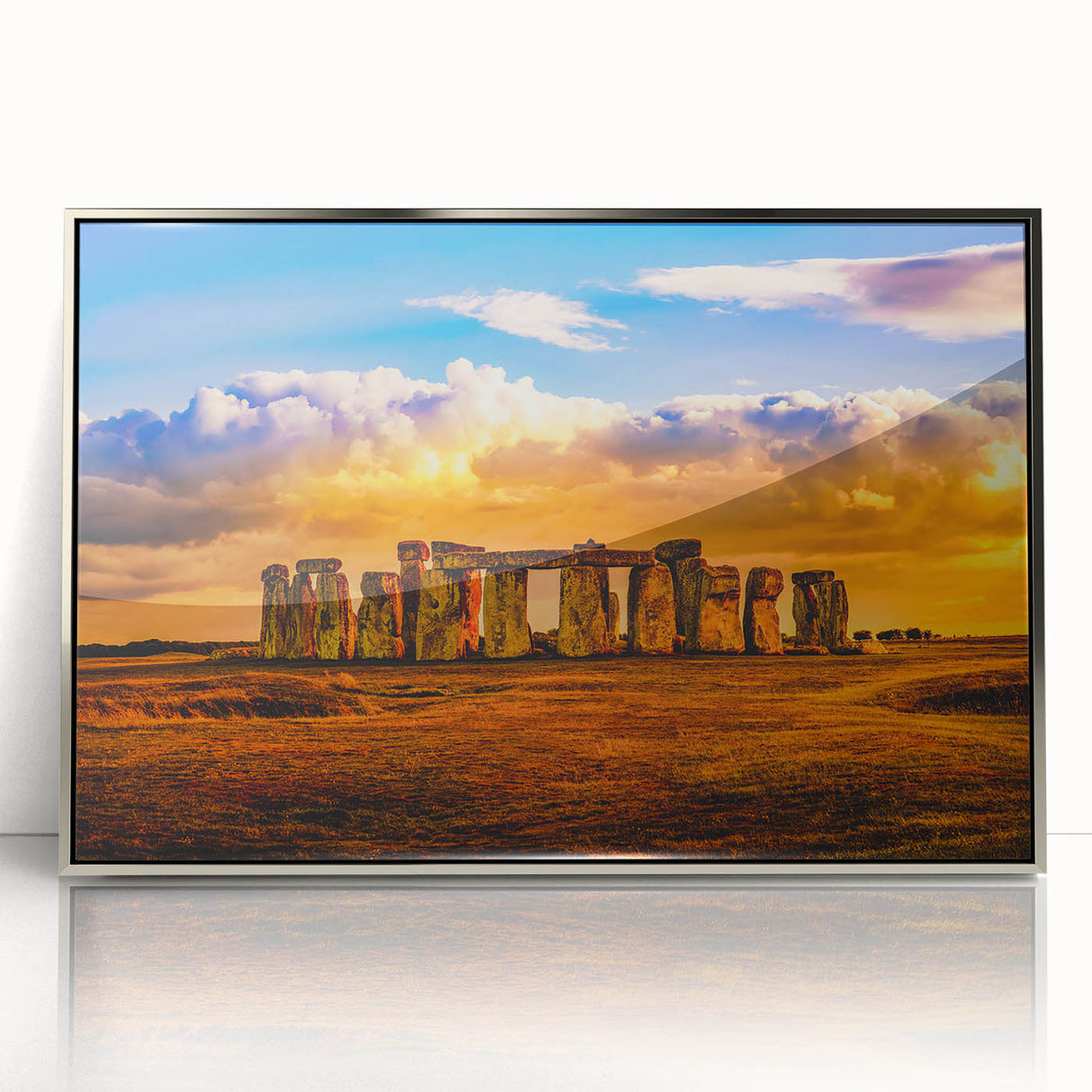 Mid-century modernist art of Stonehenge in muted earth tones on a framed acrylic print, suitable for modern art wall decor.