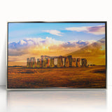 Mid-century modernist art of Stonehenge in muted earth tones on a framed acrylic print, suitable for modern art wall decor.