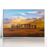 Mid-century modernist art of Stonehenge in muted earth tones on a framed acrylic, ideal for modern art wall decor.