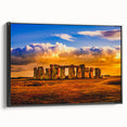 Black and white wall art featuring a framed canvas of Stonehenge in a vintage poster style, ideal for bedroom decor.