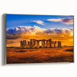 Framed canvas of Stonehenge in muted gray and green tones, ideal for adding a vintage touch to a study.