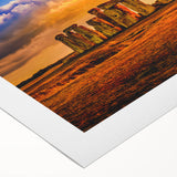Art deco poster of Stonehenge in muted earth tones on rolled canvas, suitable for dining room wall art.