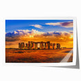 Stonehenge image in muted earth tones on a rolled canvas, suited for dining room wall art.