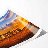 Extra large wall art featuring a line art depiction of Stonehenge in muted earth tones on a rolled canvas.