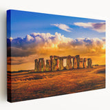 Side view of a stretched canvas depicting Stonehenge in muted earth tones, ideal for kitchen wall art.