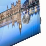 Mid-century modernist art of the Thames River in muted blue and gray tones on acrylic glass, ideal for dining room art.